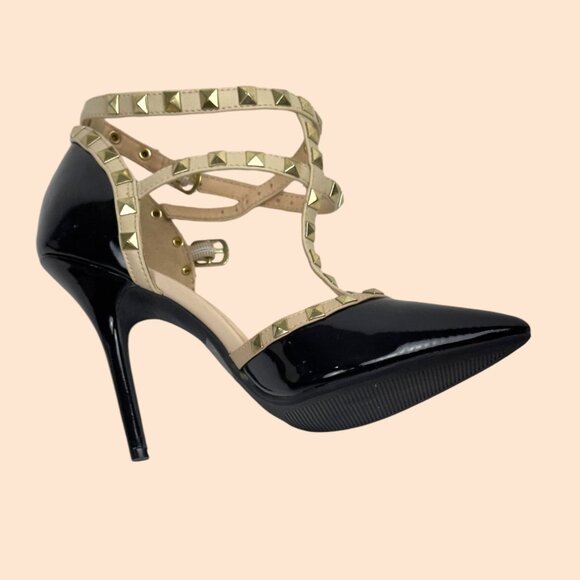 Wild Diva Lounge 64 Sexy Stud Patent Leather Stiletto Black Beige Heels Size 9 - Picture 2 of 16